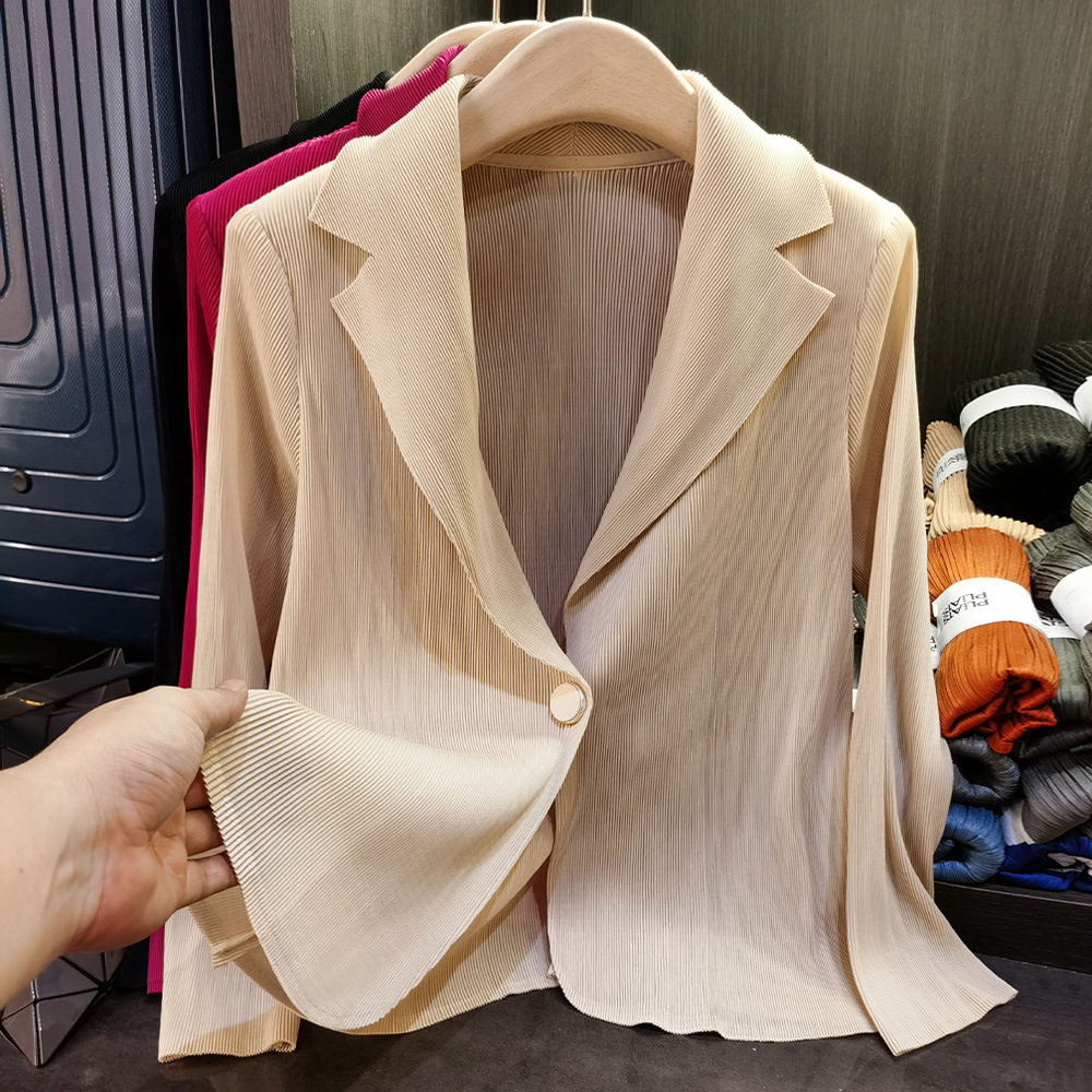 Áo blazer nữ một nút xếp ly tay dài cao cấp mùa xuân hè — Màu tím, Màu đỏ hoa hồng, Màu hồng, Màu xanh lá chi tiết 1