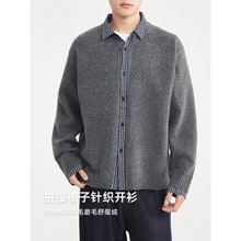 男装拼接假两件针织开衫男2025冬款衬衫领毛衣外套男.