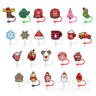 Personalized Straw Sleeve Straw Cap Silicone Dust Plug Cute Cartoon Christmas Party Straw Decorative Buckle Clip Cross-border Products