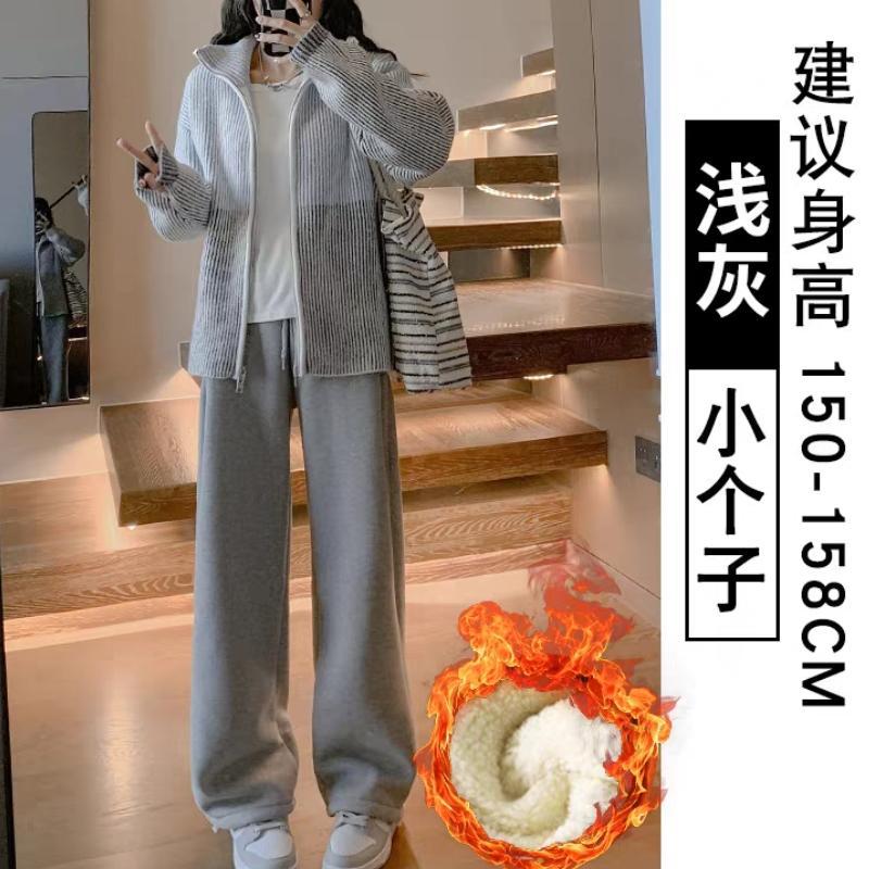 秋冬の女性用ホワイトグレーベルベットスウェットパンツ、ハイウエストワイドレッグルーズレギンススウェットパンツ、厚みのあるシェルパアウターコットンパンツ