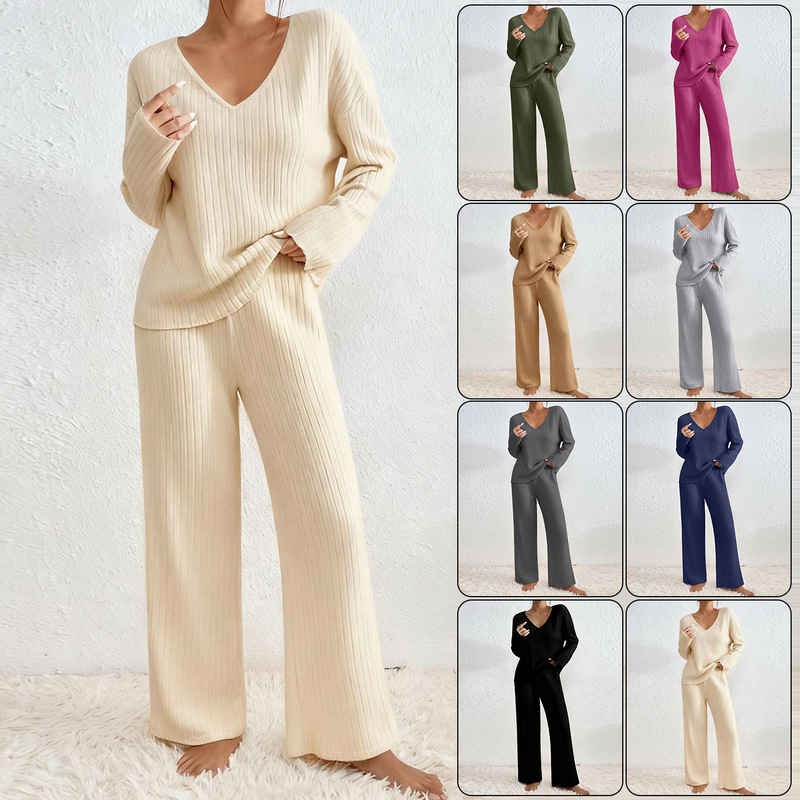 2026 Autumn/Winter European and American Amazon Wish Bestselling New V-Neck Loose Casual Ribbed Brushed Long Sleeve Suit for Women 2026 Autumn/Winter European and American Amazon Wish Bestselling New V-Neck Loose Casual Ribbed Brushed Long Sleeve Suit for Women
