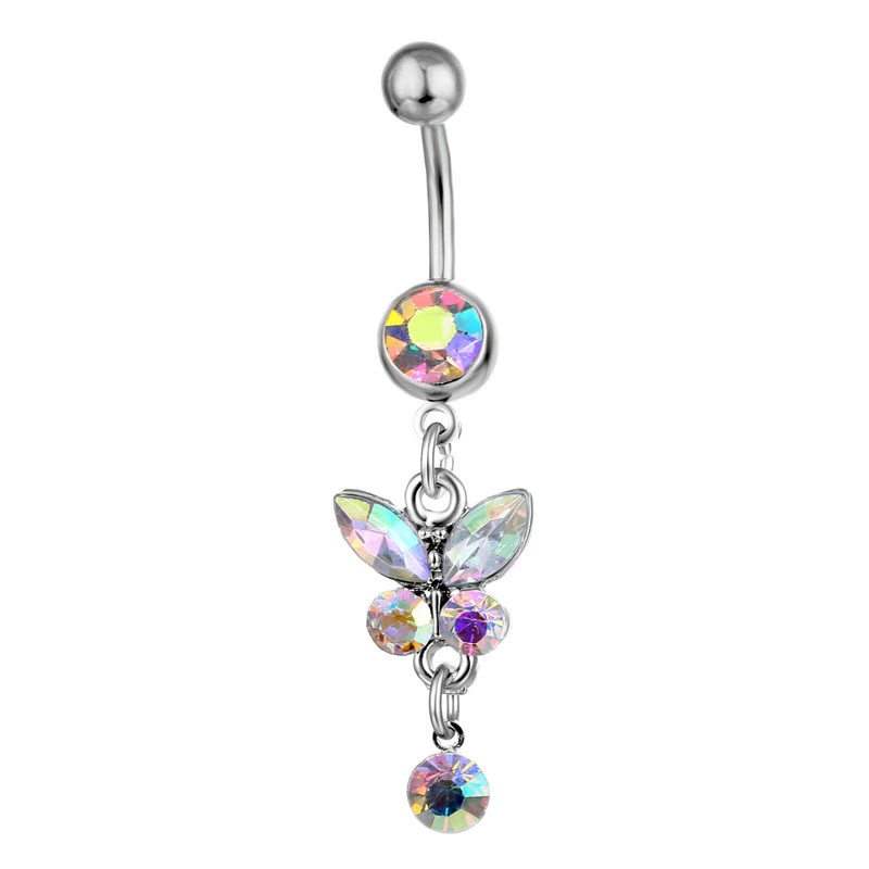 Belly Button Piercing Barbell, Surgical Steel, 5 mm Ring with 1.6×11 mm Curved Bar, Colored Stones