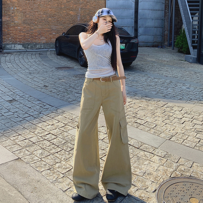 美式秋季新款宽松垂感工装牛仔裤女时尚设计感高腰显瘦阔腿拖地裤|undefined