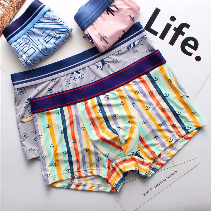 Men's ice silk cartoon print boxer briefs, soft and comfortable, mid-waist four-corner shorts