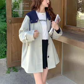 对白设计感撞色派克式风衣女2025秋新款时髦抽绳宽松廓形立领外套
