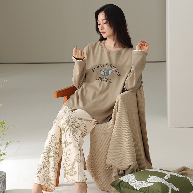 Autumn Rack Cotton Long-sleeved Pants Pajamas Women's Pullover suit Lycra Cotton Soft Skin-friendly Women's Home Clothes suit