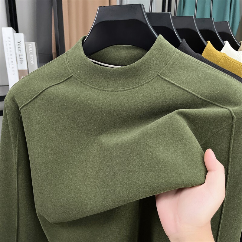 Double-Sided Velvet Autumn and Winter Men's Long-Sleeved T-Shirt Pullover Sweatshirt Casual Bottoming Fashion Pure Color Top Warm Inner Wear