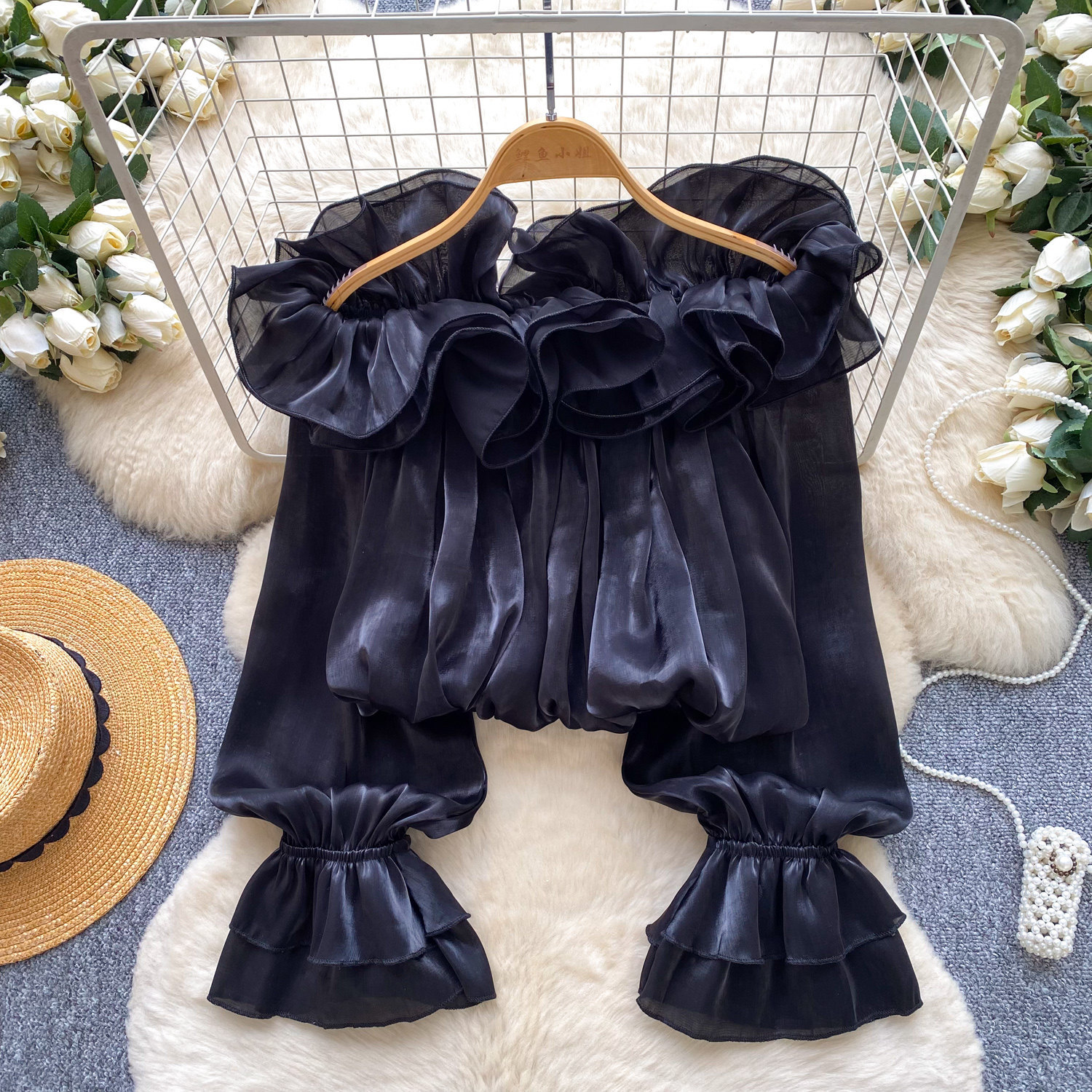 Sweet Off-Shoulder Chiffon Blouse Ruffled Trim Korean Style Long Sleeves Loose Fit Slimming Pink Elegant Top for Summer Women's Clothing_ecoleips.com