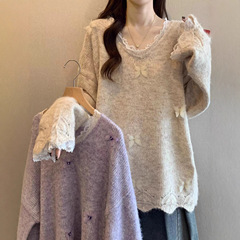 蕾丝边立体蝴蝶设计感套头毛衣女2025秋冬新款宽松显瘦针织衫上衣