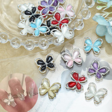 镶嵌锆石新款镂空猫眼蝴蝶钻美甲光疗指甲装饰品甜美日系轻奢红色