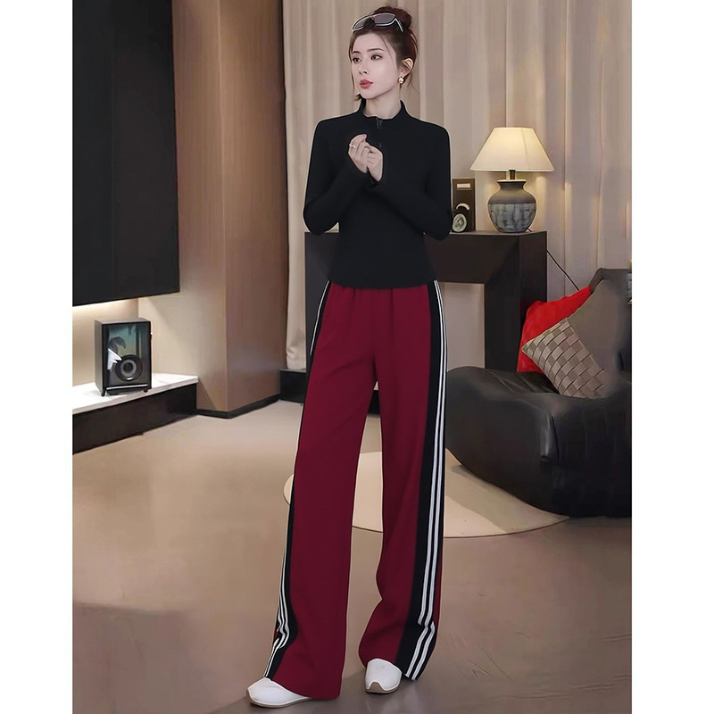 2025 Autumn Outdoor Casual Sports Suit Women's Slim Waist Slimming Tops Top Red Wide Leg Pants Two-Piece Set