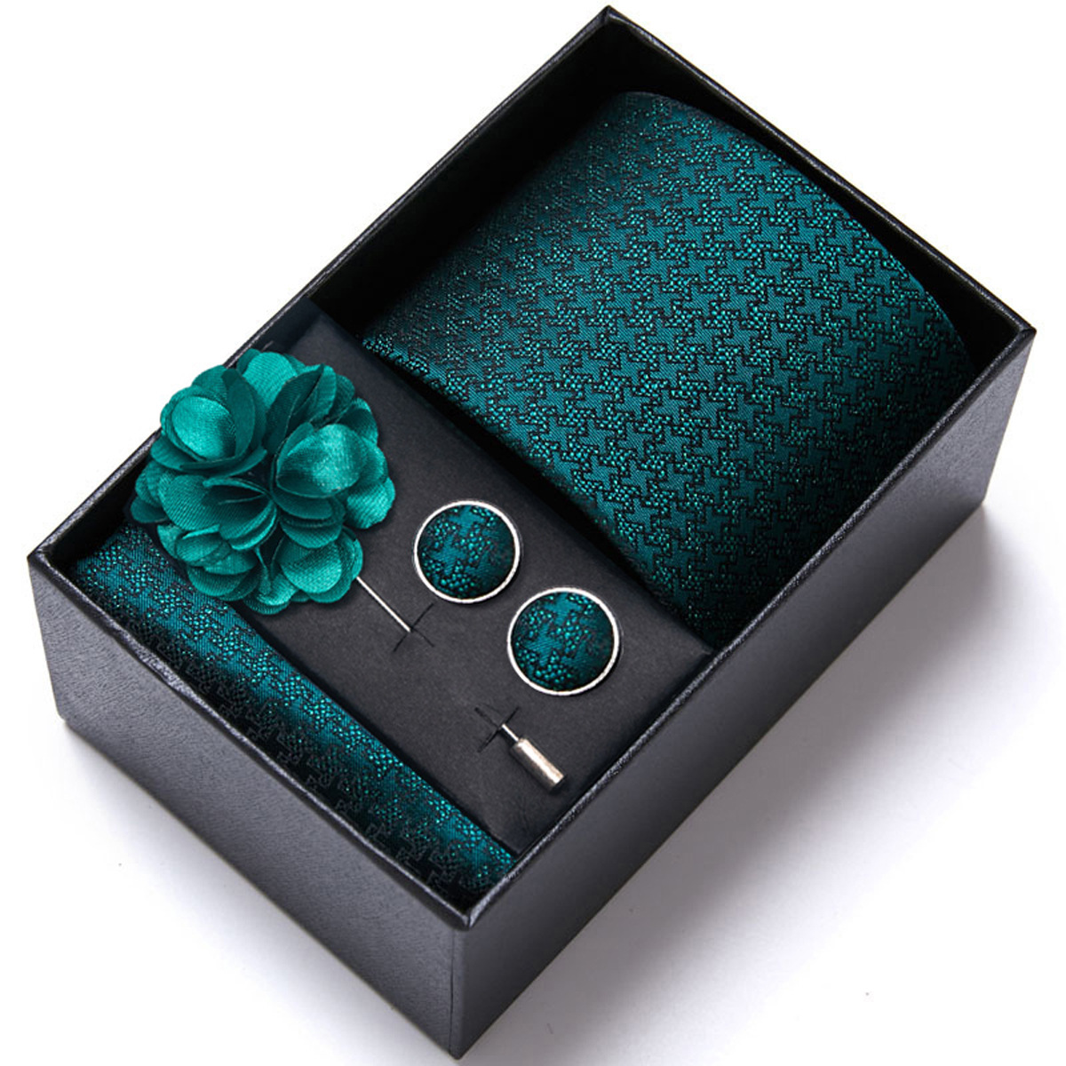 男性の新しい青いストライプのプリントネクタイのスカーフのカフスの胸の花のギフトボックスの包装の贈り物の佳品は祝日に適します。