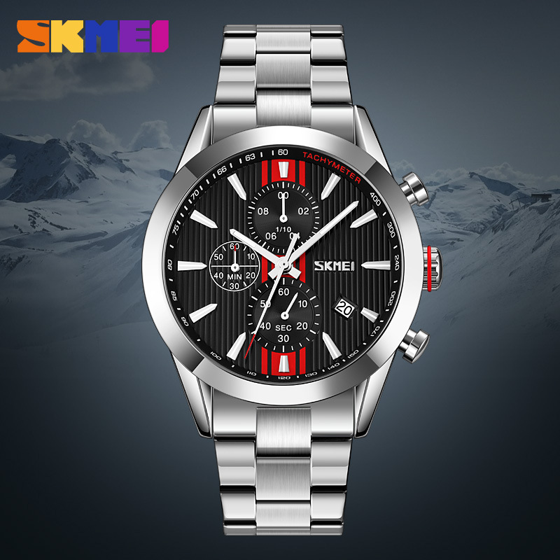Momento de relojes de hombre transfronterizos tres ojos cronógrafo calendario multifuncional acero correa relojes de cuarzo fábrica al por mayor spot