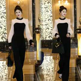 时尚名媛御姐风2024春季撞色圆领拼接袖系带蝴蝶结修身减龄连体裤