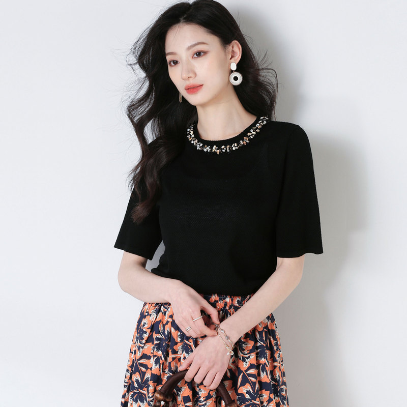 Summer Cool Tencel Shell Beaded Versatile Round Neck Knitted Short-Sleeve T-Shirt Slim Fit Top 25255
