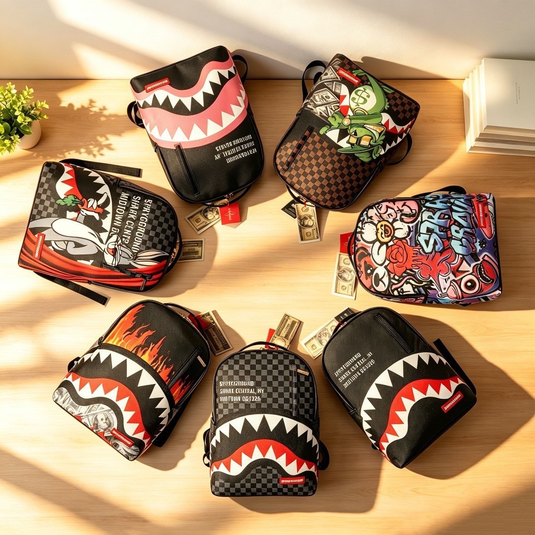 SG Shark Backpack Graffiti PU Leather Street Style Backpack for Casual Travel Enthusiasts