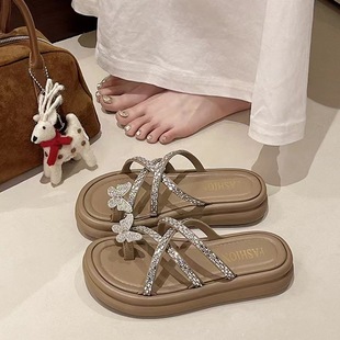 2025 High-Bottom Bow Sandals for Women's Outer Wear Summer French Thick-Soled Rhinestone Thong Toe Slippers Women's New Shoes