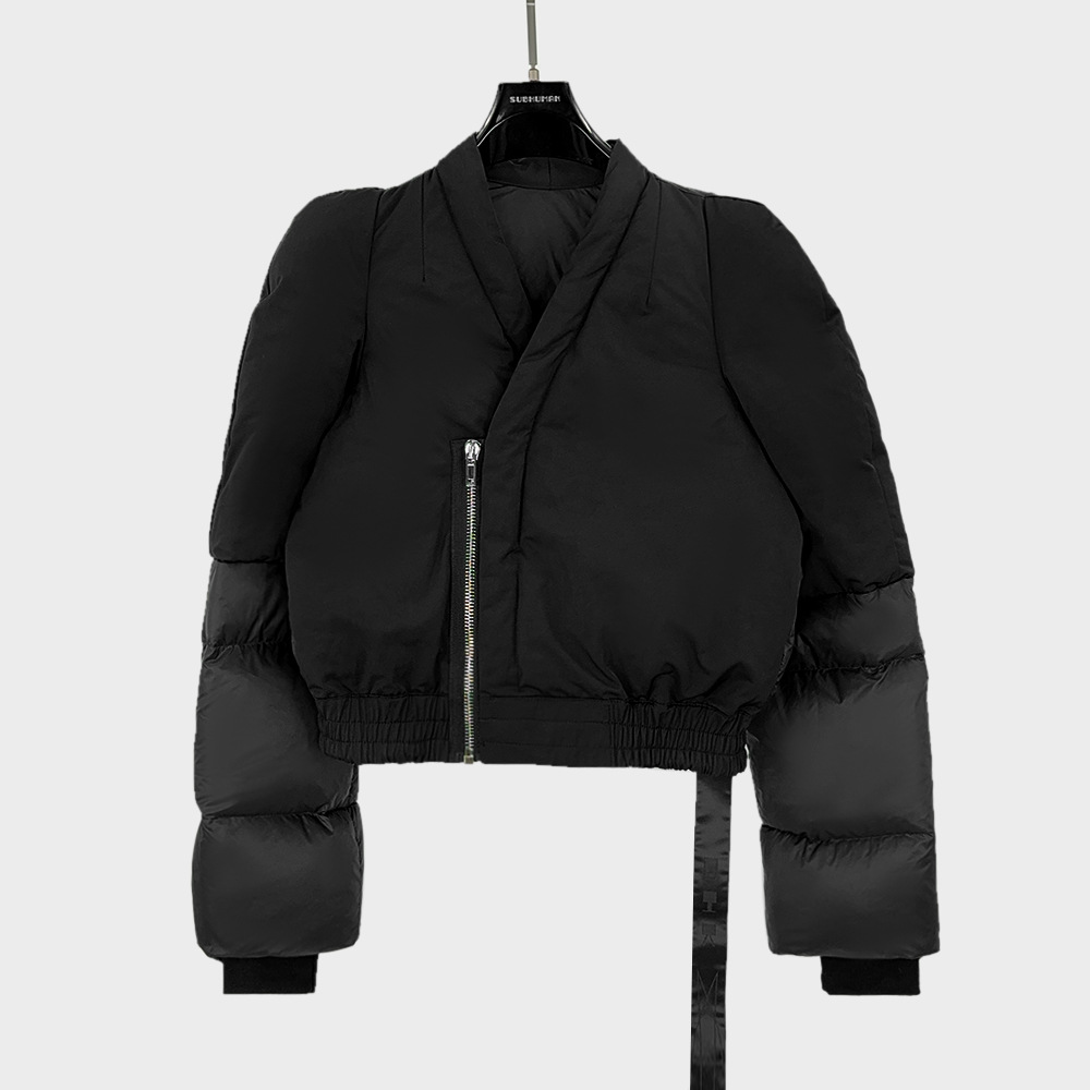 다크 스타일 비대칭 스플라이싱 긴팔 짧은 다운 재킷 두꺼운 따뜻한 넓은 어깨 다운 재킷 여성 재킷