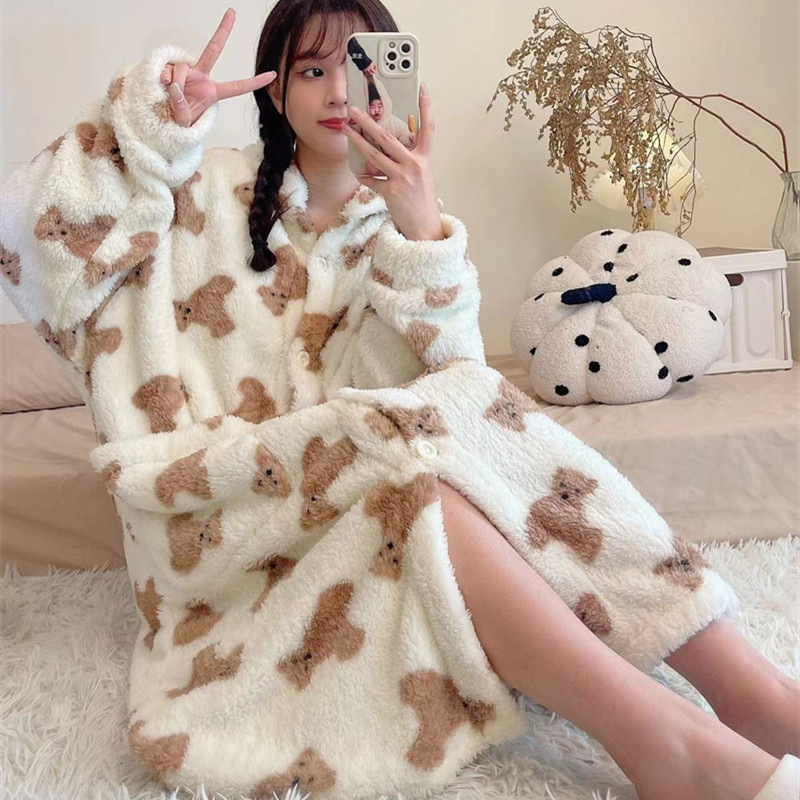 Coral pijamas camisón de invierno Albornoz de las mujeres engrosada de lana forrada cardigan camisón largo de franela de dibujos animados ropa de casa