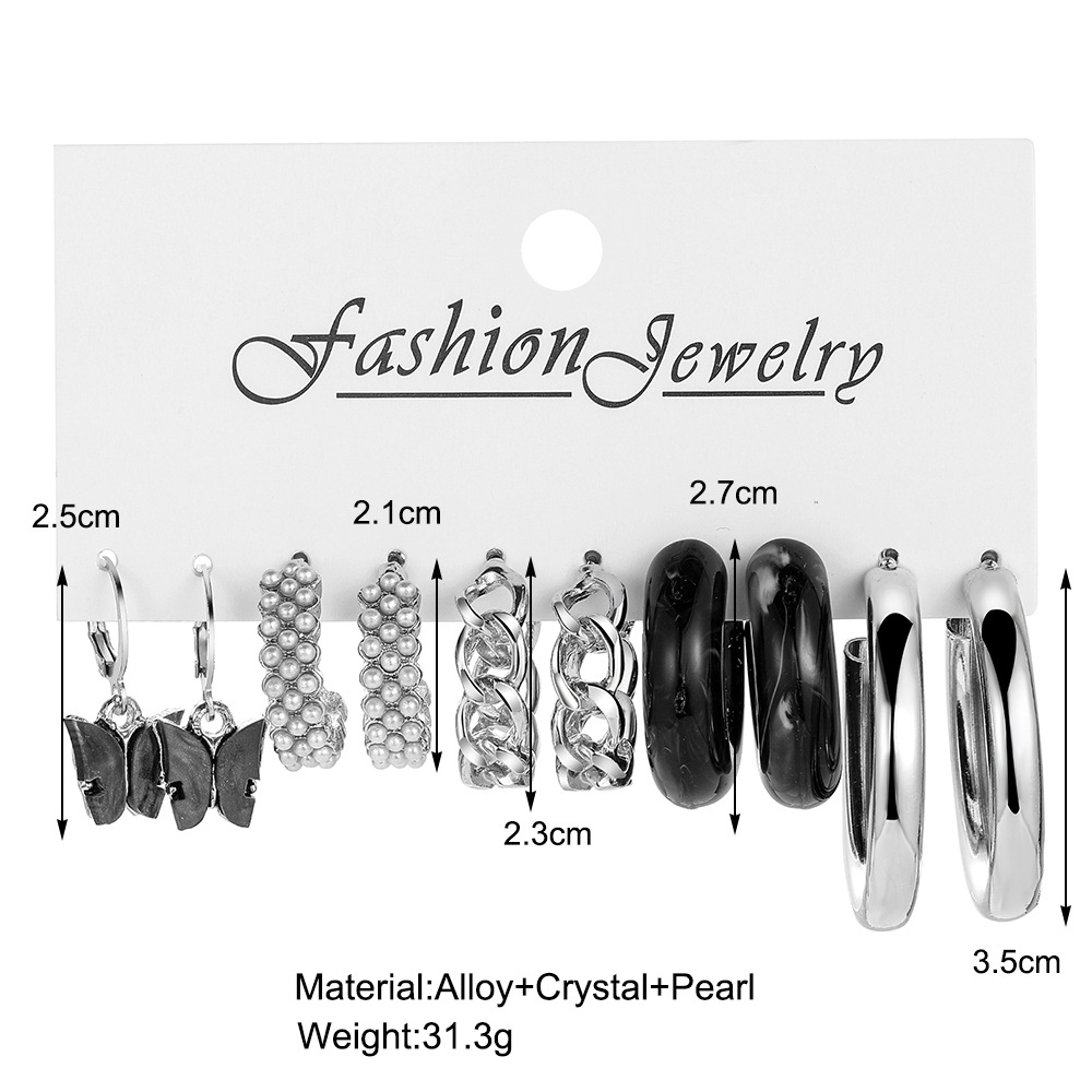 Einfache Elegante Perle Embedded Schwarz Schmetterling C-förmigen Acryl Ohrringe Set display picture 1