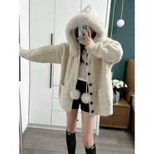 可拆卸狐狸毛领连帽球球宽松毛衣外套开衫针织上衣