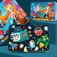 New 100-Piece Iron Box Wooden Puzzle for Children, Cartoon Anime Flat Puzzle Board, Kindergarten Educational Building Blocks Toy