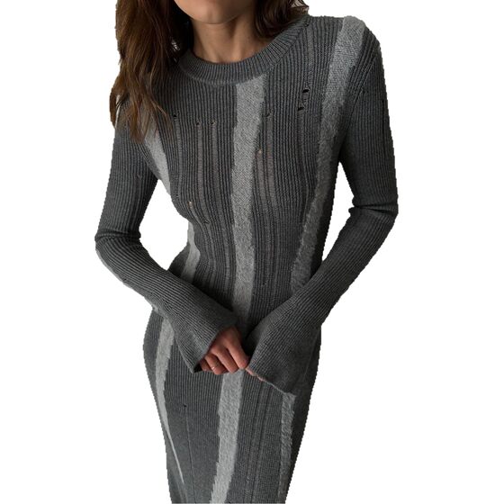Solid Color Distressed Round Neck Pullover Ripped Bell Sleeve Dress Slim Fit Light Mature Style Skirt Aliexpress Cross-Border E-Commerce