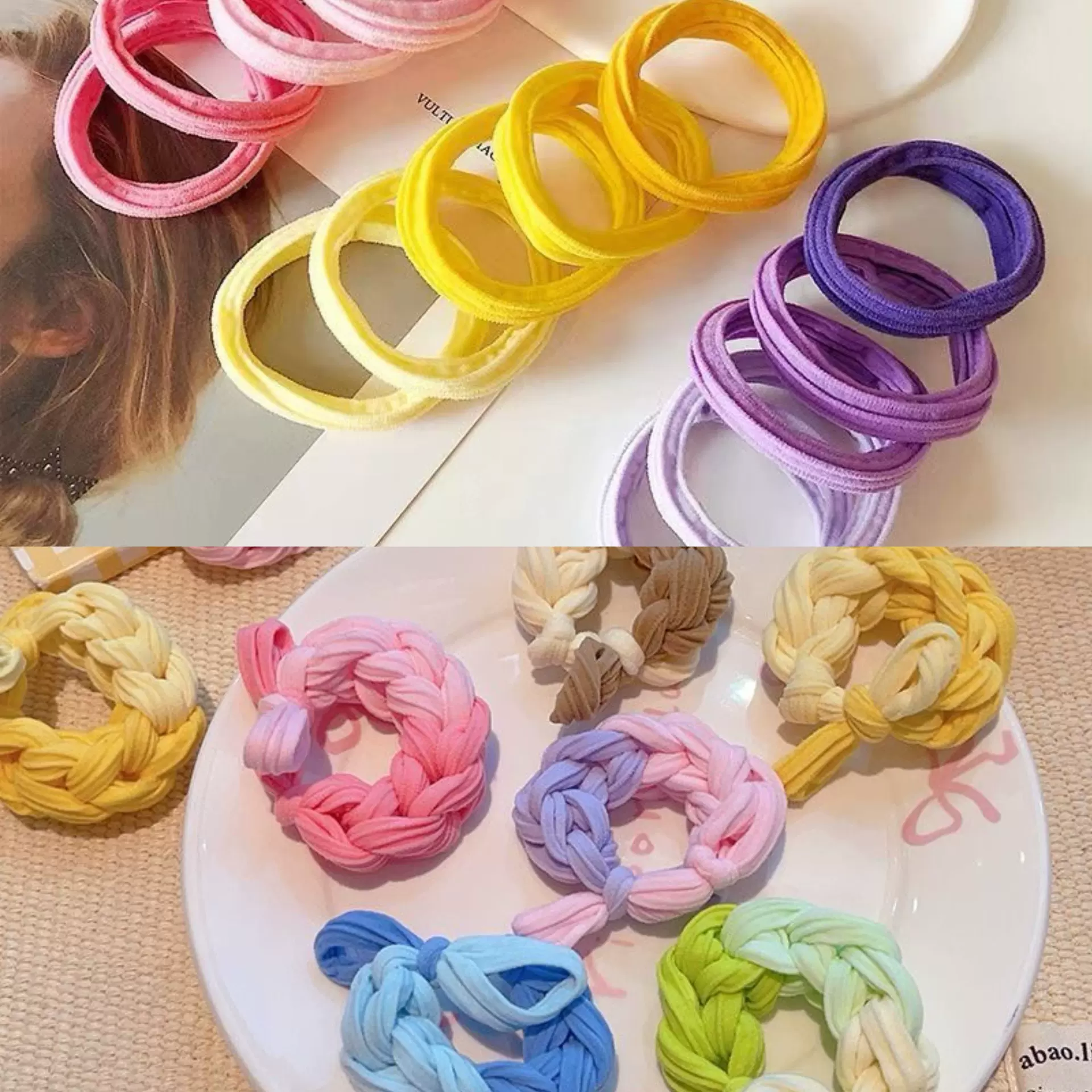 批发 渐变色发圈 儿童编织蝴蝶结高弹力发绳不伤发无接缝皮筋发饰