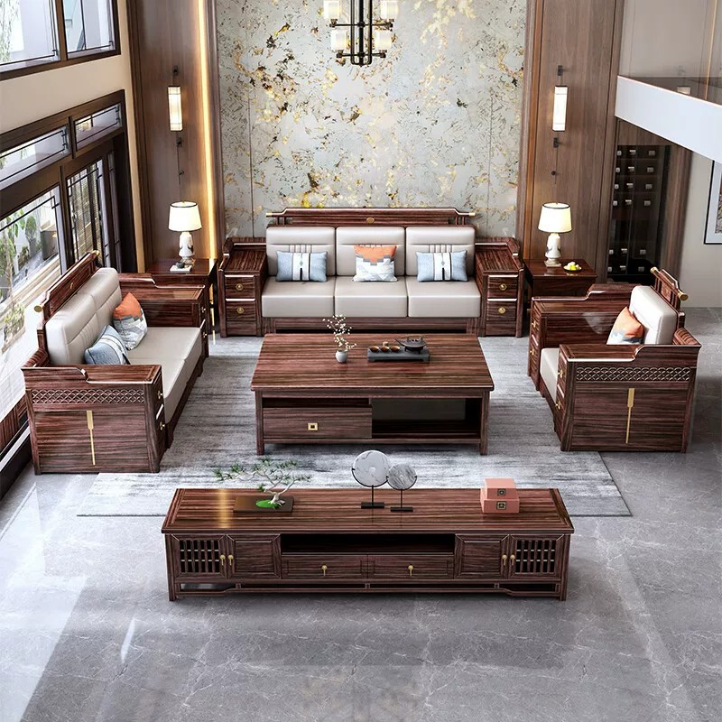 New Chinese-style ebony wood sofa for living room, suitable for villas and various apartment sizes, with storage and a chaise lounge, featuring a Chinese design and solid wood construction