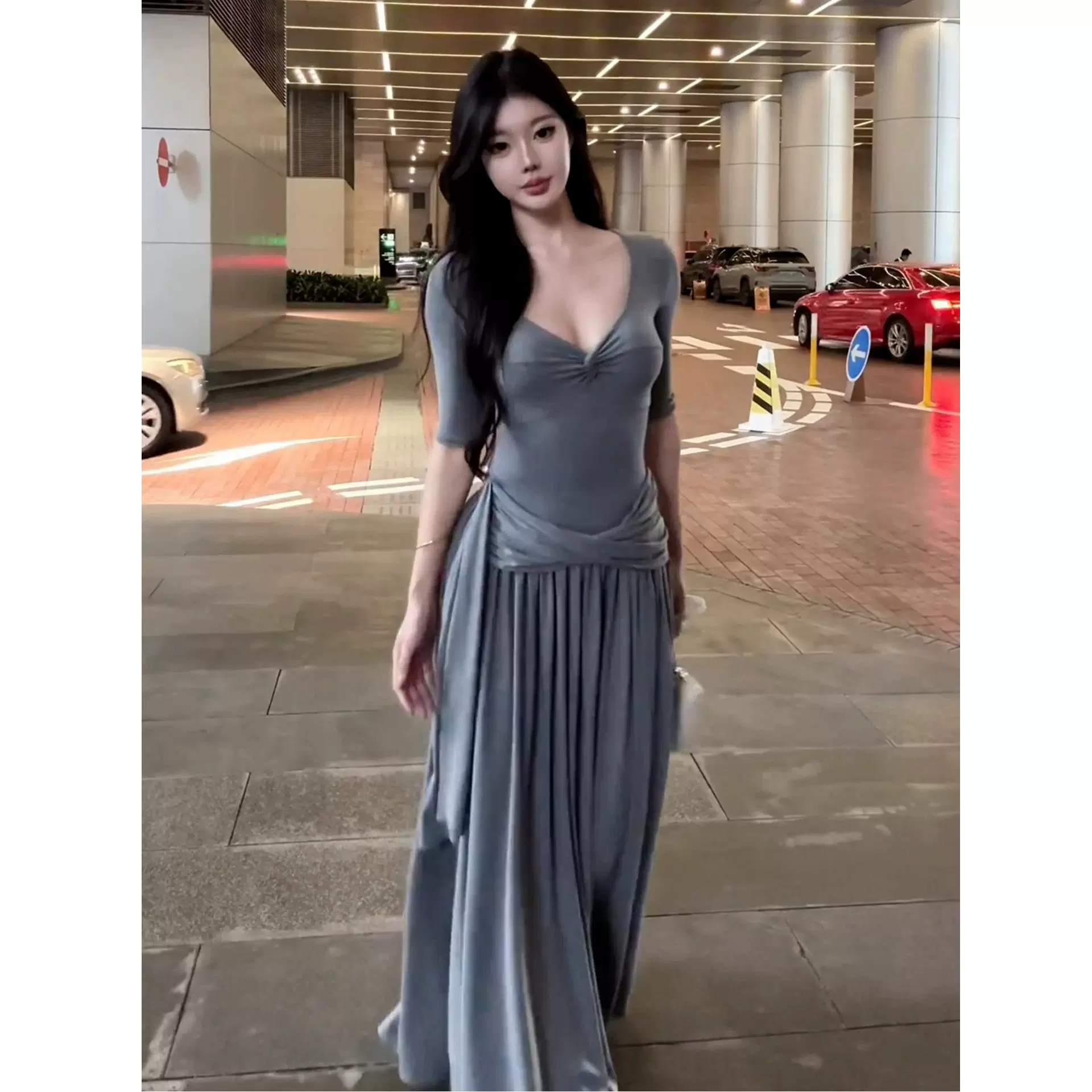 欧美跨境亚马逊法式纯欲性感灰色扭结连衣裙女新款感气质收腰长裙
