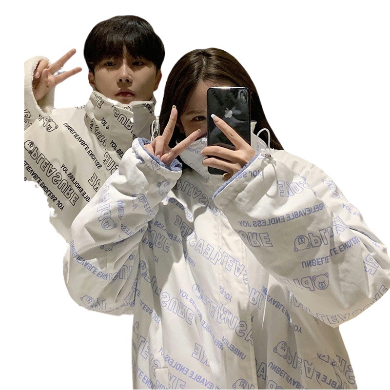 Abrigo de algodón acolchado de lana de cordero de doble cara para hombre Otoño e Invierno estilo de Hong Kong abrigo de algodón acolchado estampado completo suelto estilo coreano de moda chaqueta acolchada de algodón de pareja a juego