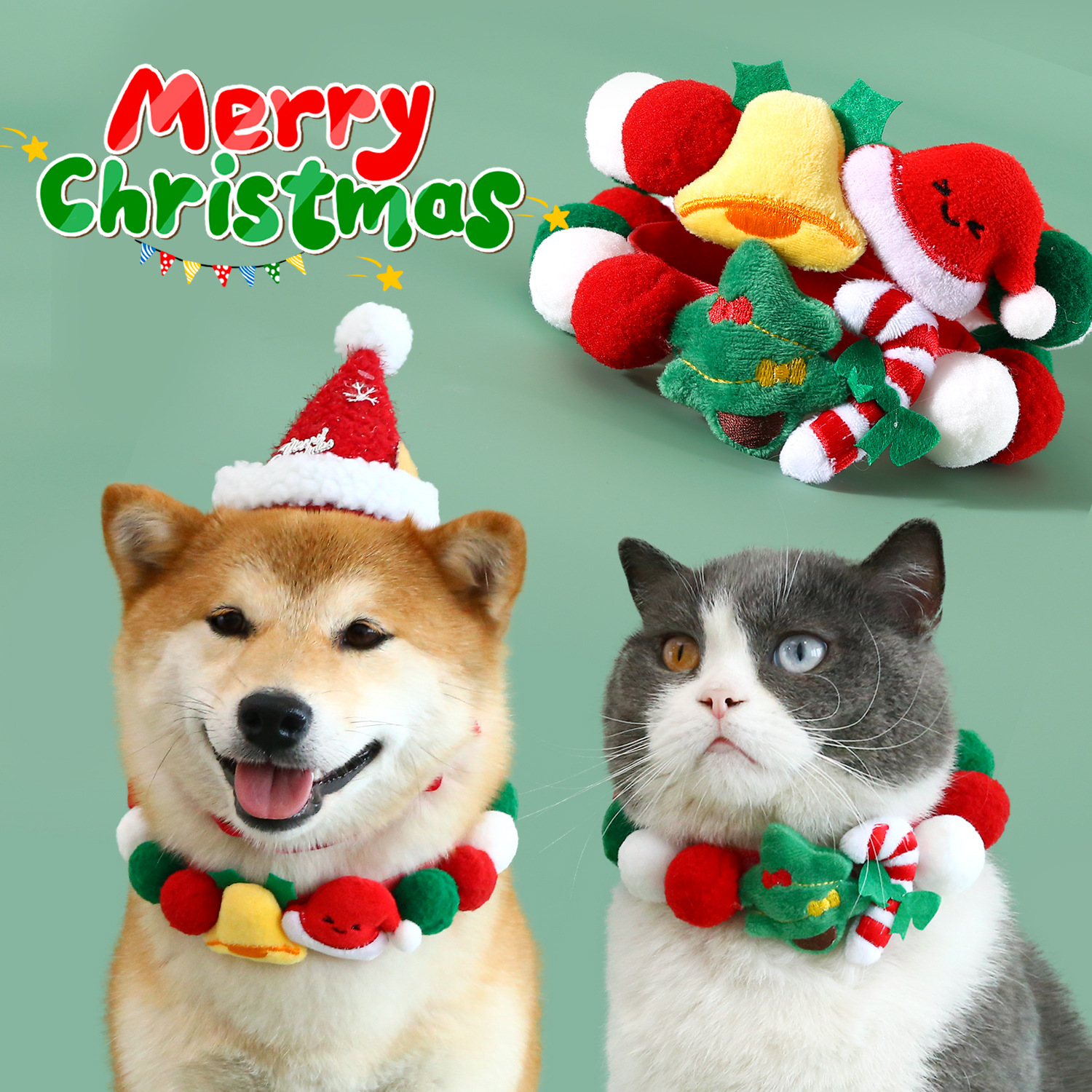 2023 pet ball collar tela de peluche campana sombrero de árbol de Navidad colorido gato perro collar decoración cadena