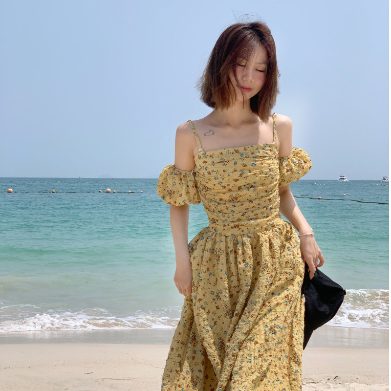 Vacation Beach Dress, Passionate Hawaiian Suspender Dress, Women's Summer One-Line Collar Off-Shoulder Yellow Floral Long Dress