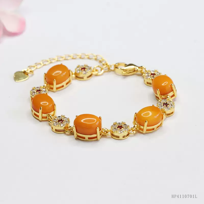 眷钰 天然鸡油黄老蜜蜡手串琥珀镶嵌手链珠宝批发代发HP4110701L