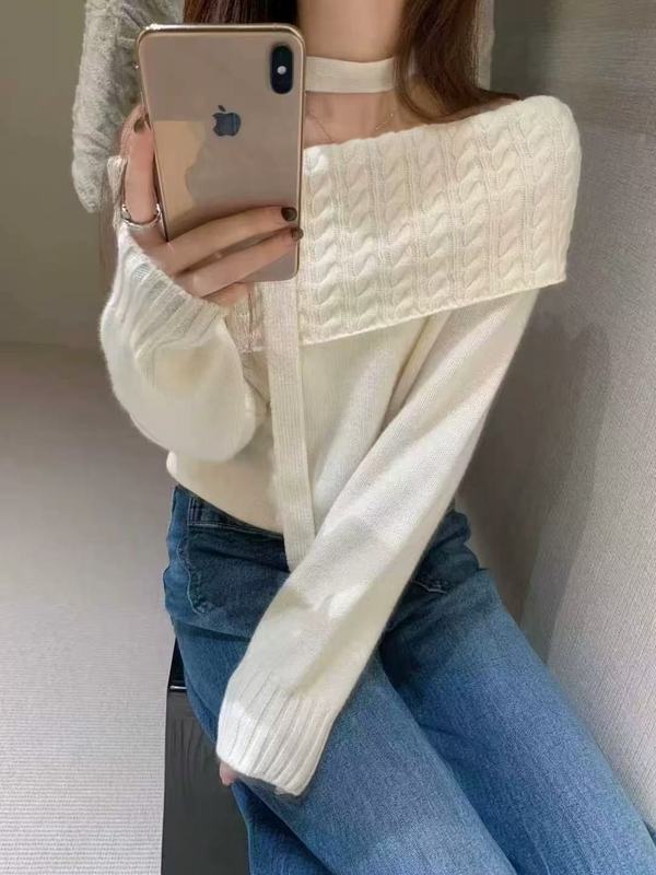韩系慵懒风一字肩挂脖毛衣女秋冬新款设计感小众露肩宽松针织上衣|undefined