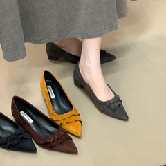 法式粗跟尖头单鞋女鞋2025年春秋新款浅口配裙子通勤工作绒面瓢鞋