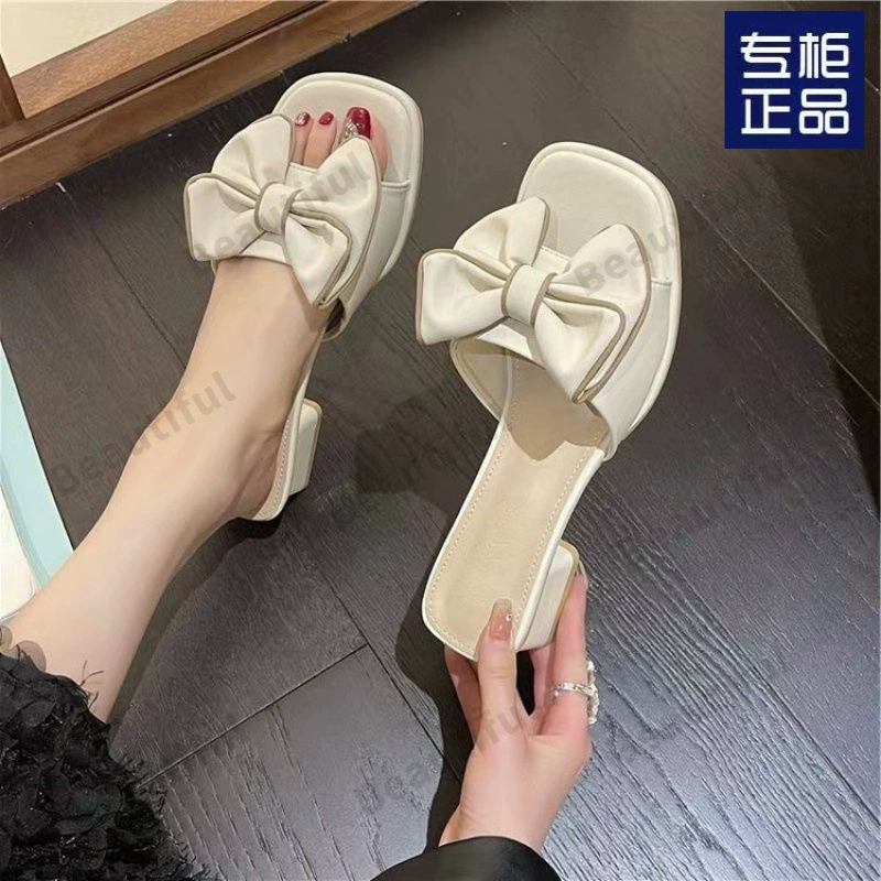 Летние женские сандалии в французском стиле 2025, новая мода, средний каблук, массивный каблук, бант, квадратный носок, маленький размер, сандалии-слипоны