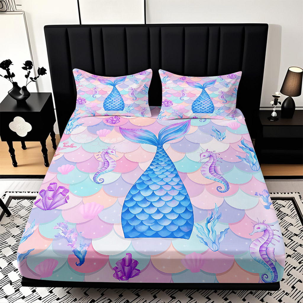 Modo JIT Temu serie de dibujos animados de sirena textil doméstico impresión digital cama de cama de cama kit fábrica de procesamiento