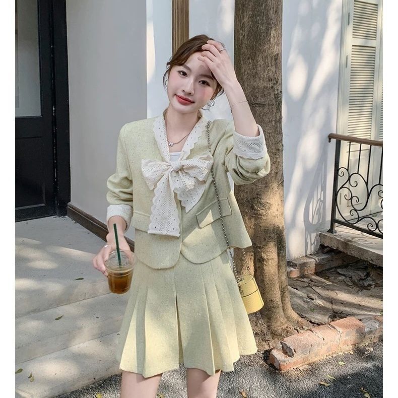 法式小香风小个子穿搭一整套女2025春新款蝴蝶结外套百褶裙两件套|undefined