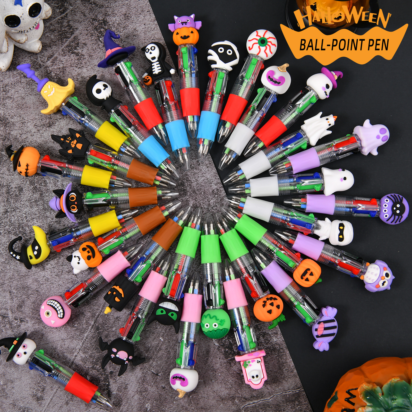 Mini bolígrafo de cuatro colores de dibujos animados de Halloween, lindo bolígrafo de mano para estudiantes de primaria, bolígrafo multicolor, papelería, regalo pequeño