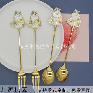花猫不锈钢叉勺 文创宠物咖啡匙搅拌勺 可画设计图水果叉甜品勺