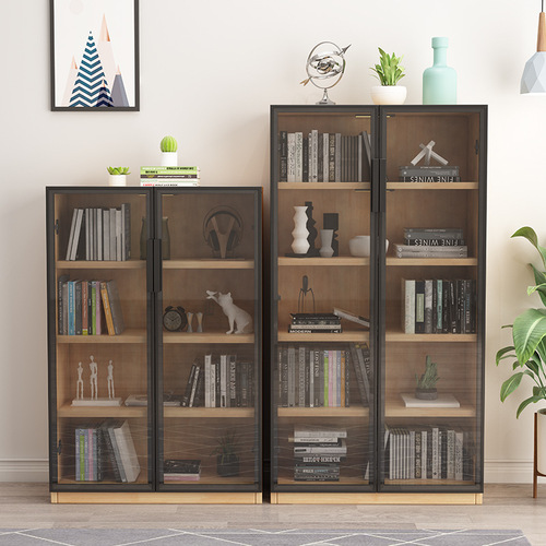 All solid wood glass door bookcase, modern simple living room shelf storage cabinet, display cabinet with sensor light