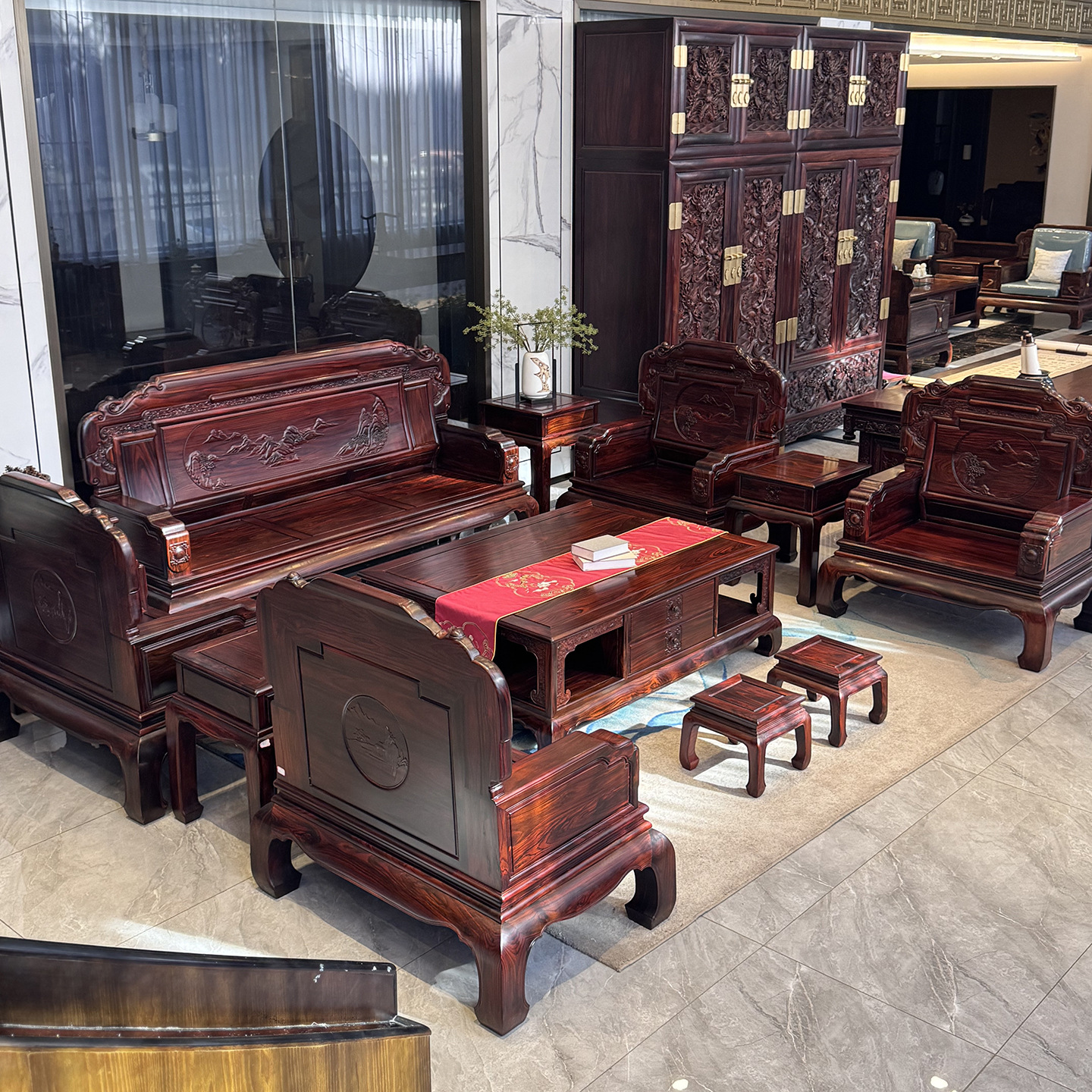 Mahogany Sofa Carved Landscape Wide Armrest Living Room Sofa Broad-Leaf Rosewood Large Solid Wood Sofa Indonesian Black Rosewood