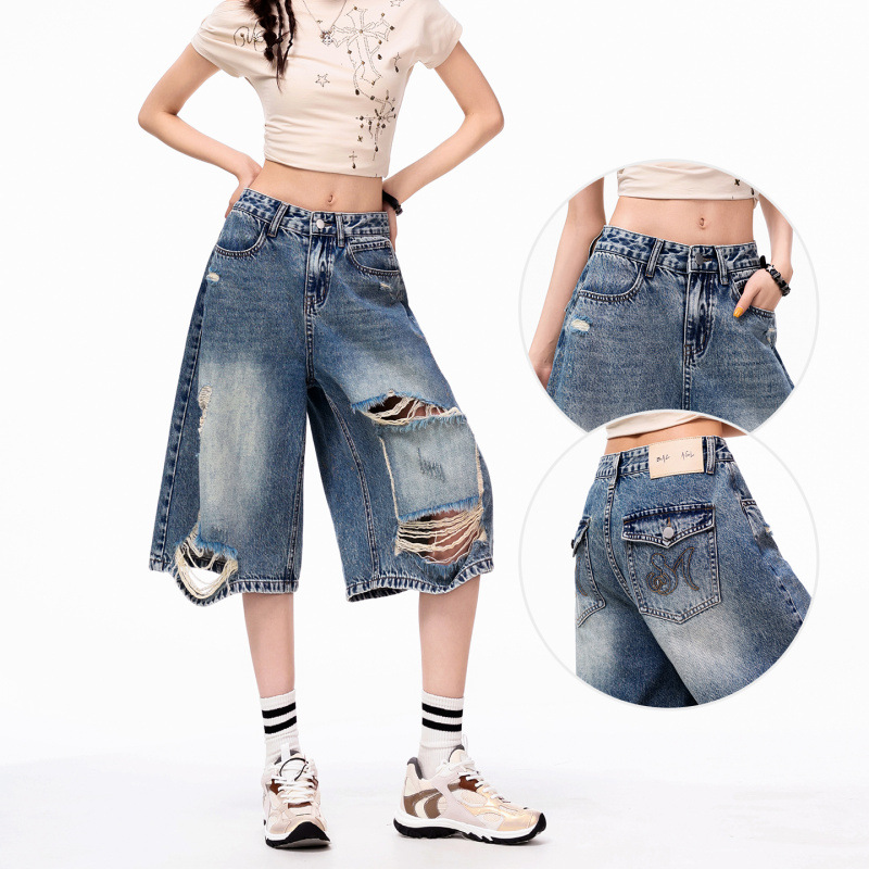 Vintage jeans agujeros para mujeres 2026 verano nuevo suelto delgado tamaño grande graso MM recto siete pantalones de piernas anchas