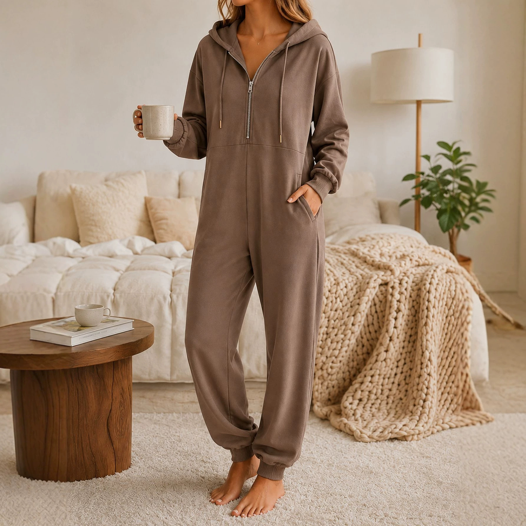 Anno's self-developed cross-border autumn and winter hooded zippered long-sleeved jumpsuit for women, featuring a loose fit, tapered legs, and a casual sweatshirt style