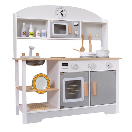 Boys and Girls Wooden Play Kitchen with Realistic Furniture for Children, Cooking Playset for Kindergarten and Playground