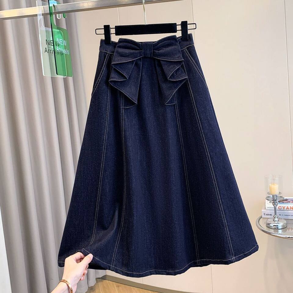 Chân váy denim dáng chữ A cạp cao có nơ, dáng midi che khuyết điểm tôn dáng — Màu xanh dương