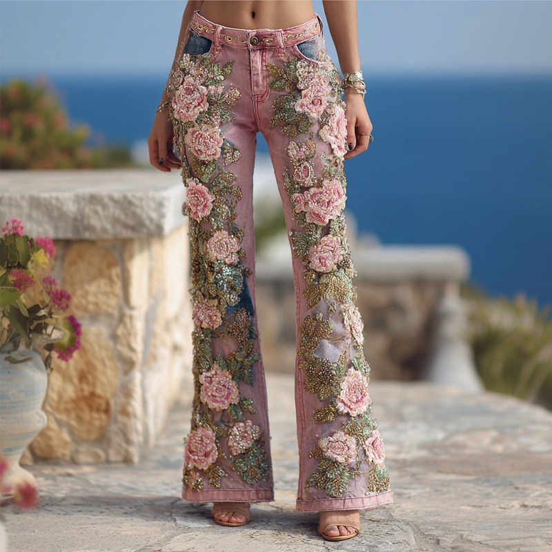 2025 Autumn and Winter New European and American Cross-Border Independent Station 3D Digital Printing Women's Fashion Imitation Denim Bell Bottoms