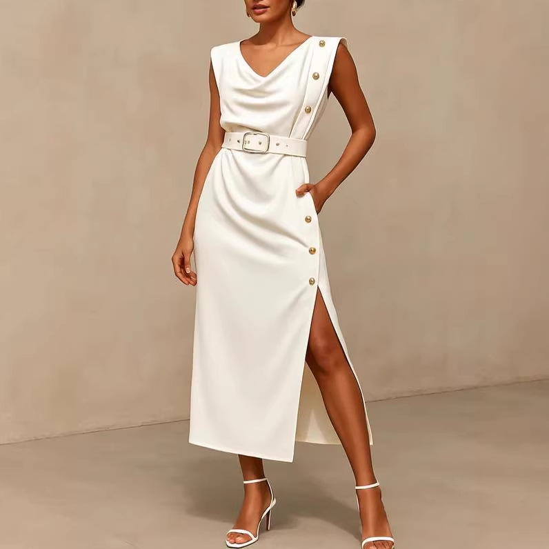 Women's Clothing Summer Women's Button Sleeveless Slit Dress Waist Cinching Commuter Style For Formal & Casual For Women_ecoleips.com
