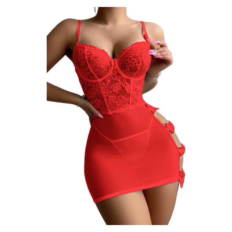 Sexy Lingerie Hollow Hip-Covering Short Skirt Cross-Border Amazon Foreign Trade Valentine's Day Red Lace Stitching Sexy Lace